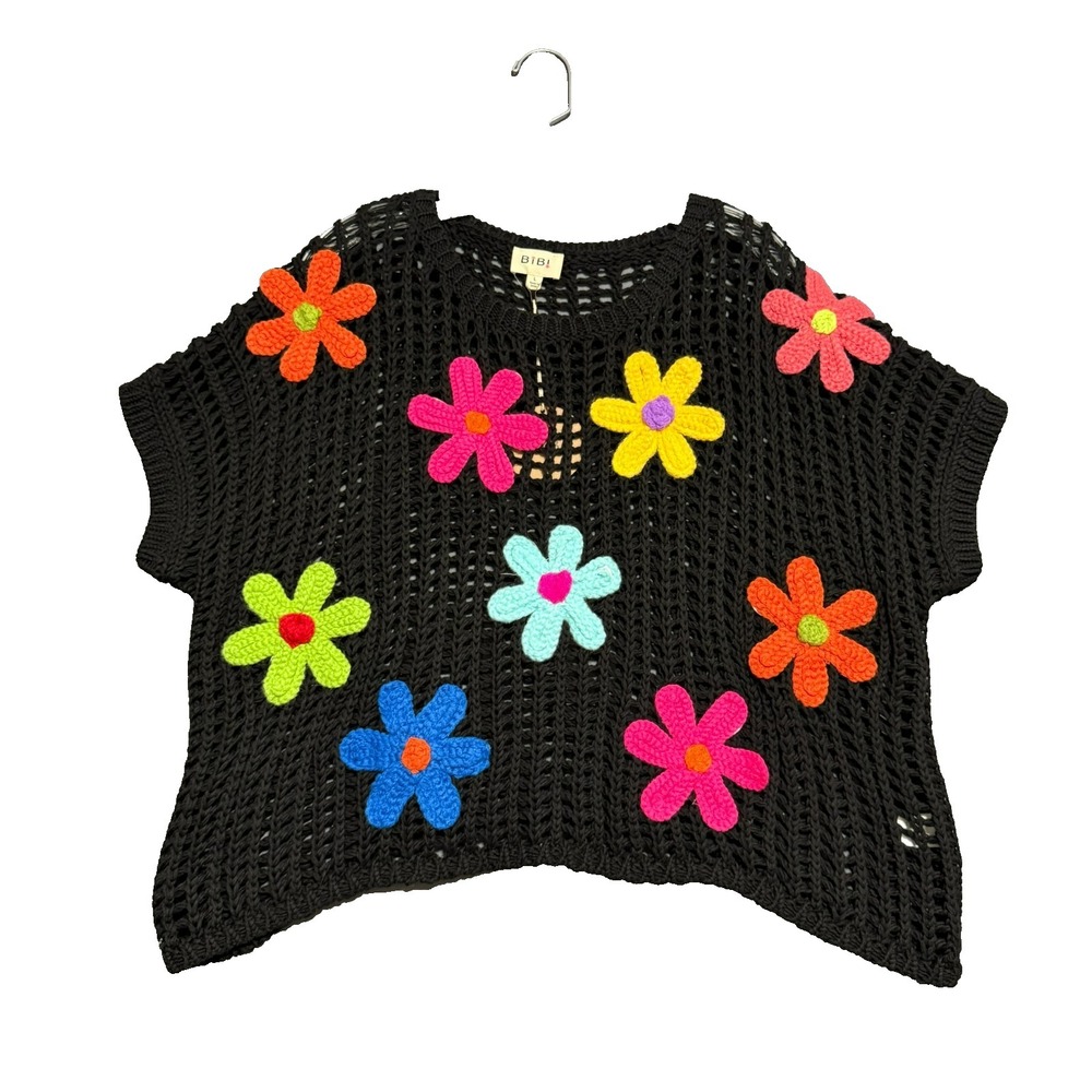 BiBi Crochet Knit Flower Top Boho Cottagecore Open Weave Black Poncho Large NWT